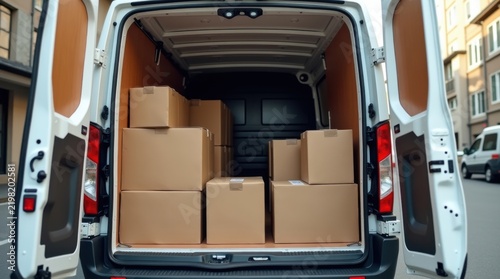 Furgoneta de carga con las puertas traseras abiertas, mostrando paquetes cuidadosamente organizados y clasificados por ruta de reparto