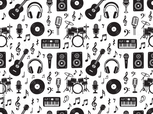 Black music instruments silhouettes seamless pattern for creative design background.