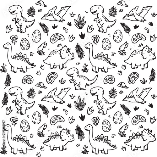 Hand drawn dinosaur line art pattern on checkered background for children apparel.