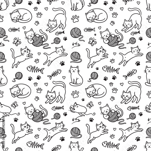 Cute hand drawn sleeping and playing cats pattern on transparent background seamless.