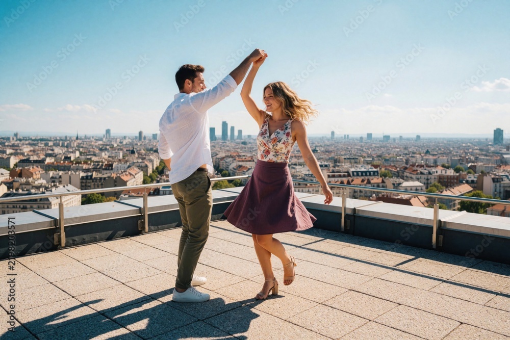 Fototapeta premium Young happy couple dances on a rooftop terrace. They enjoy a sunny day with city skyline. Modern romance, urban living, carefree relationship concept. Summer vibes, pure joy, shared moments.