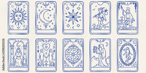 Foto A collection of hand drawn doodle tarot cards depicting celestial bodies and sym