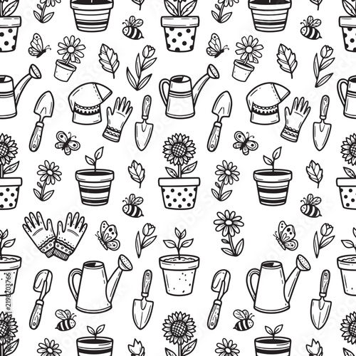 Gardening tools and potted plants line art seamless pattern on transparent backdrop.