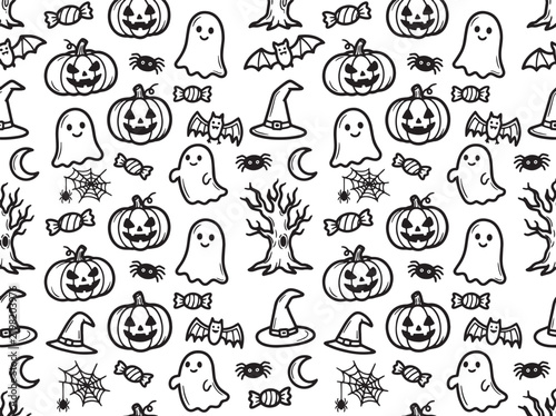 Spooky halloween hand drawn icons seamless pattern with pumpkins on transparency.