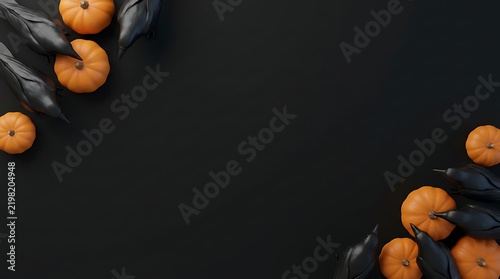 Black ravens and orange pumpkins arranged diagonally on a black background