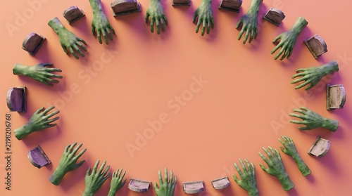 Green zombie hands and small tombstones arranged in an oval frame