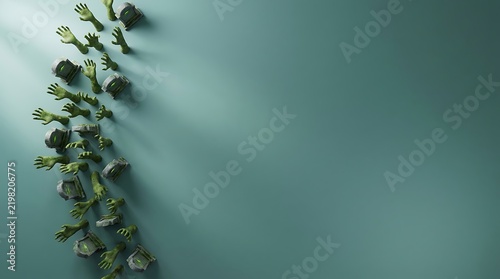 Green zombie hands and small tombstones on a teal background