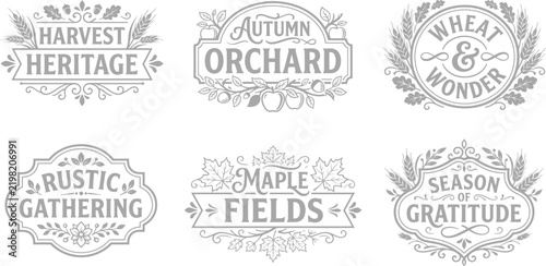 A collection of vintage hand drawn autumn harvest labels and badges featuring rustic typography and decorative floral elements for seasonal design projects