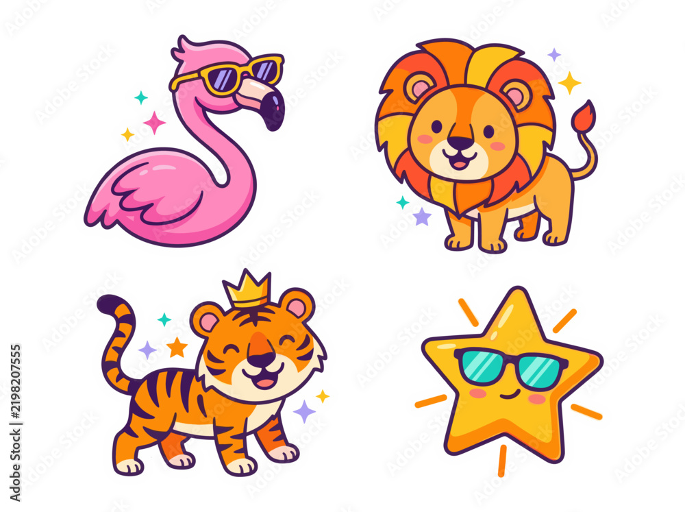 Obraz premium Cute cartoon animal stickers with flamingo and lion