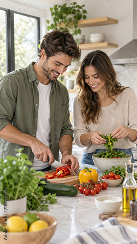 Happy young couple cooking healthy meal together with fresh vegetables in modern kitchen