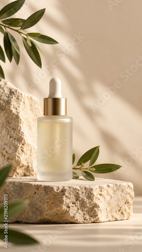 Luxury cosmetic serum bottle with dropper on natural stone podium with green leaves