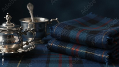 Silver ceremonial objects beside folded blue tartan fabric with moody cinematic lighting