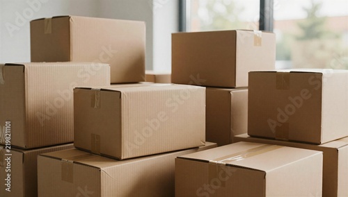 Stacked Unbranded Cardboard Shipping Boxes in Clean Warehouse Environmental Composition Product Scene