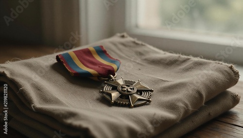 Weathered Military Service Medal Resting on Folded Neutral Fabric with Soft Natural Window Lighting