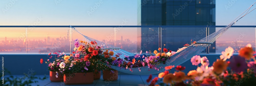 Fototapeta premium Floral hammock on a rooftop balcony at sunset with abundant potted blooms for romantic outdoor background and terrace decor