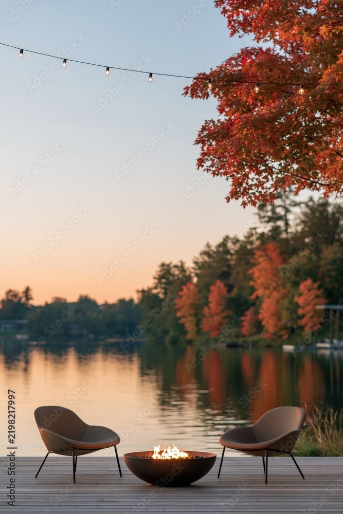 Obraz premium Lakeside autumn fire pit with two chairs and string lights on a dock for cozy evening background and relaxation