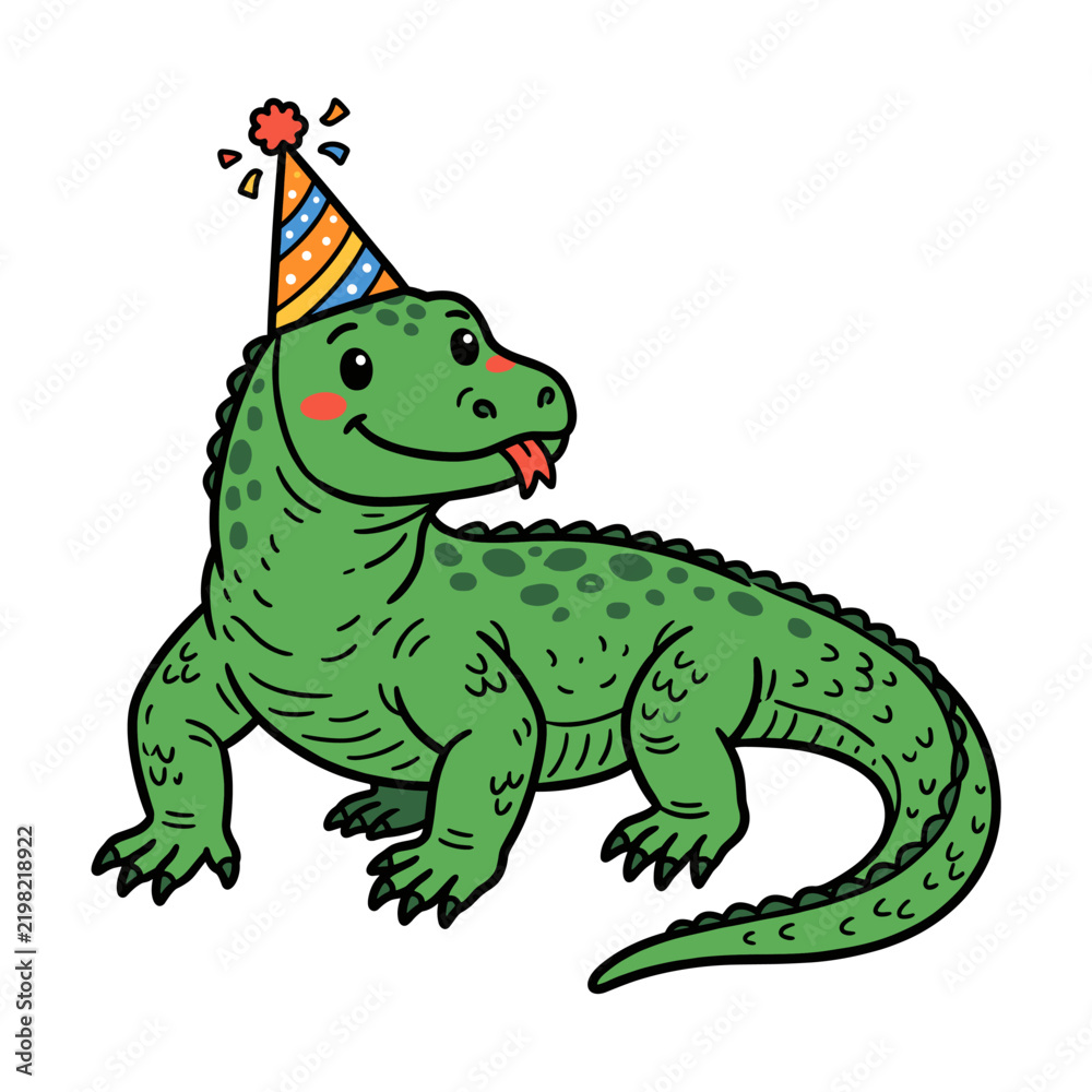 Obraz premium Green lizard character wearing a colorful party hat.