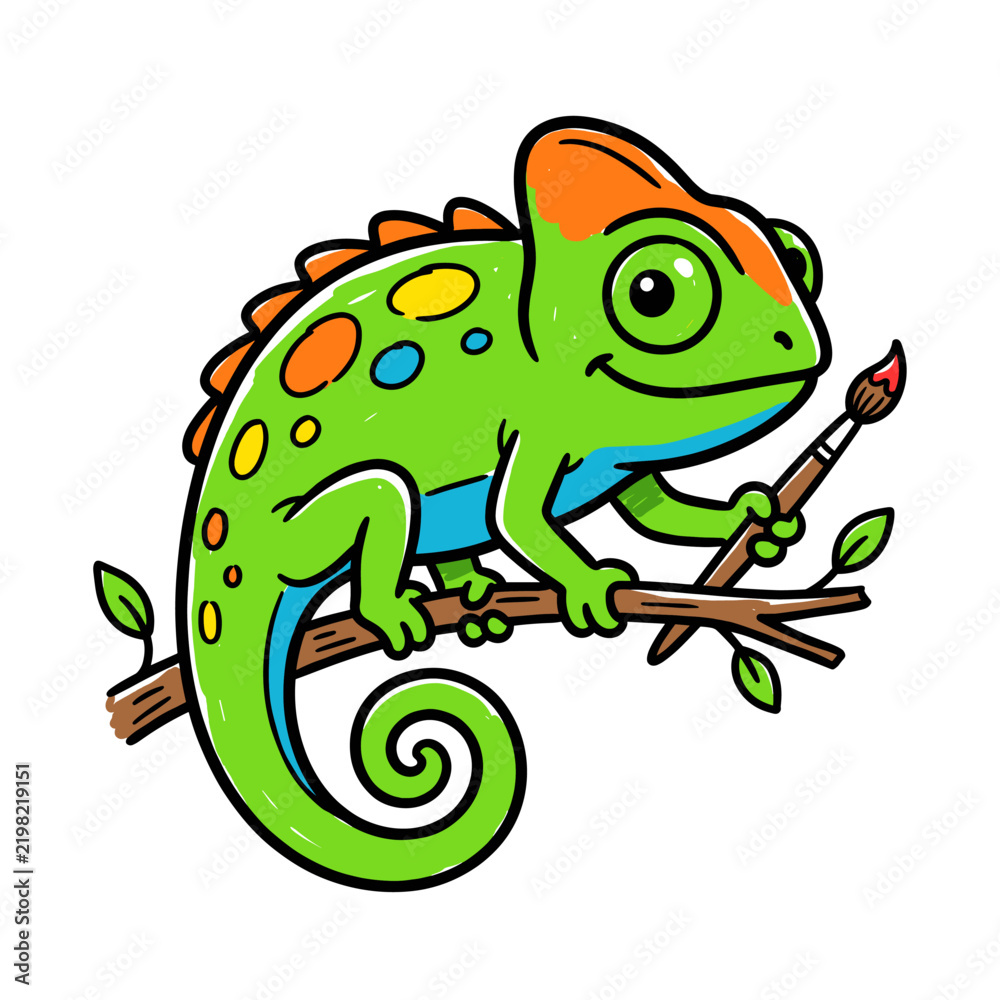 Obraz premium Artistic green chameleon sitting on a branch holding paintbrush.