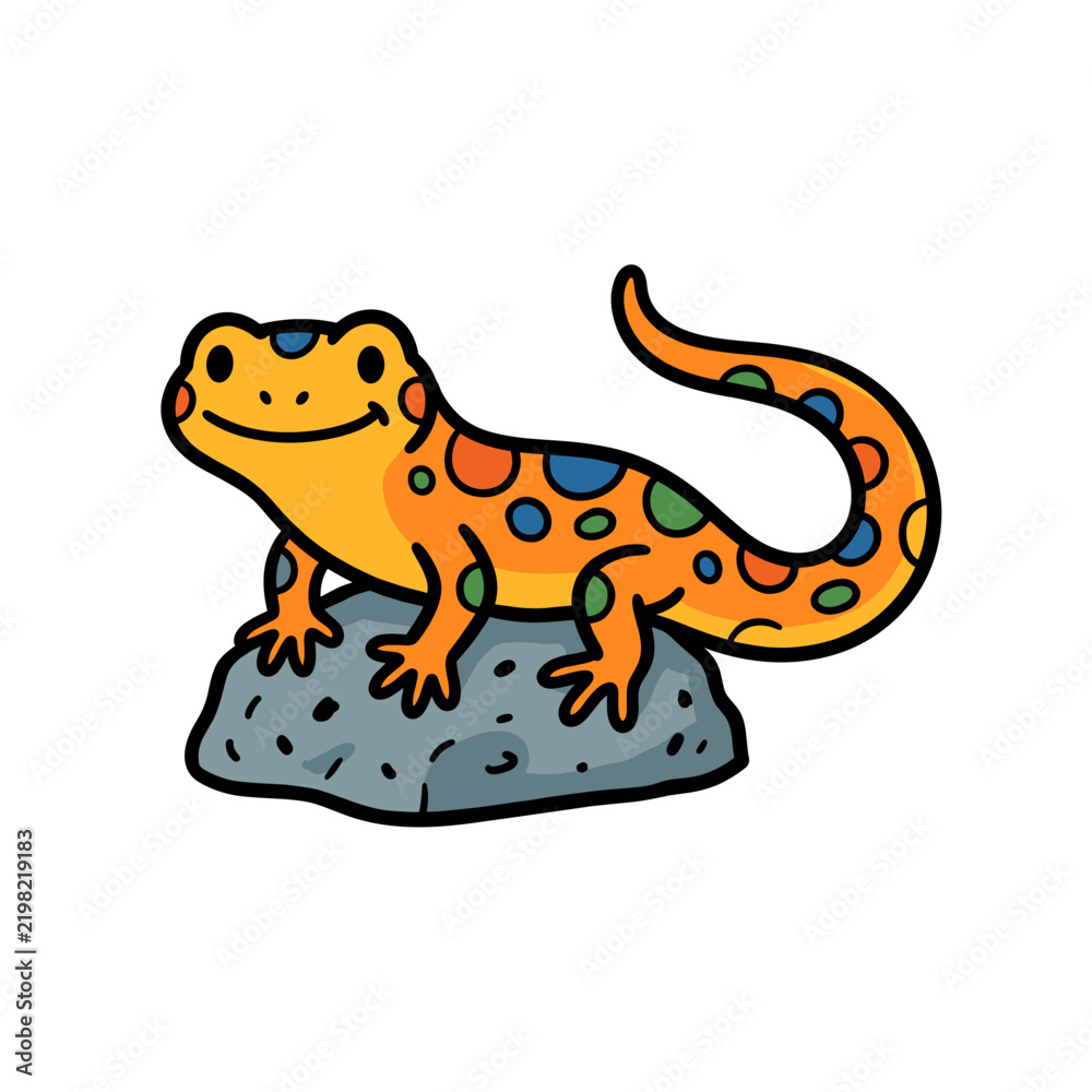 Obraz premium Colorful spotted salamander character on a rock.