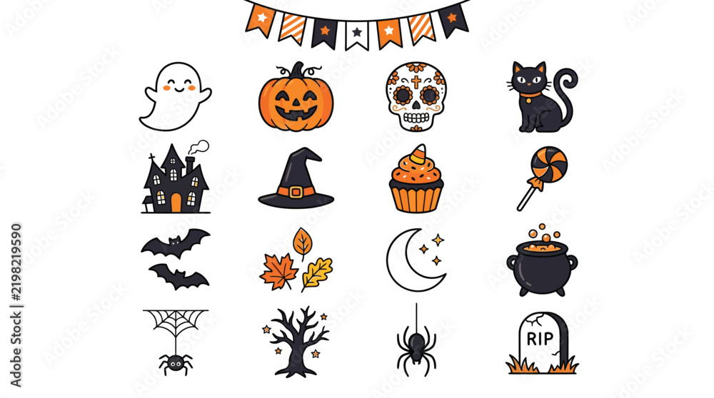Fototapeta premium Halloween vector illustration set featuring cute spooky icons for festive seasonal holiday graphic design projects now