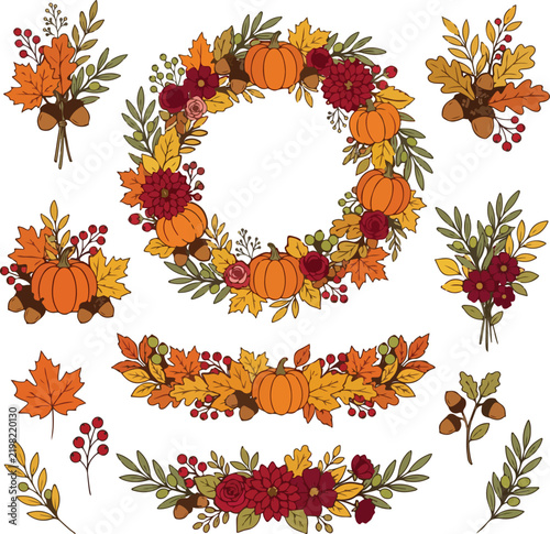 Set of beautiful watercolor autumn floral wreaths and decorative flower arrangements