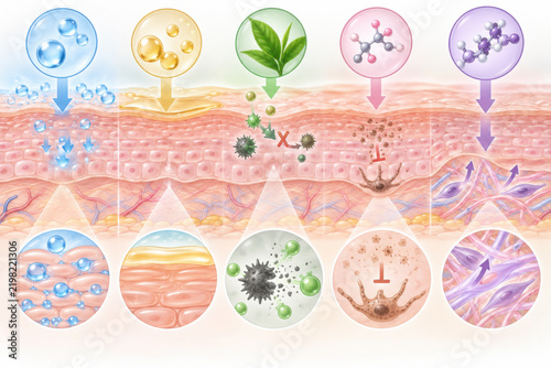 Scientific Diagram of Skincare Ingredients and Skin Layers