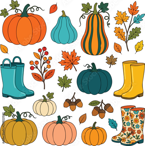 Set of hand drawn autumn pumpkins fall leaves and rain boots