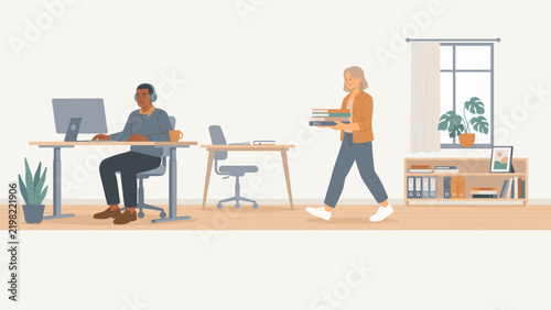 Office illustration of a man wearing ear defenders at a sit stand desk with a colleague