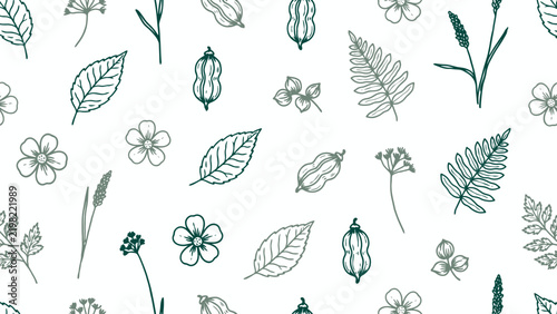 Seamless pattern of raised line botanical rubbings with leaves, ferns and seed pods