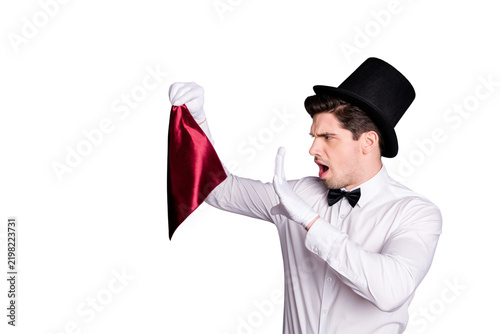 Bild auf Leinwand Profile side photo of funky wizard conjurer hold red napkin say spells want show