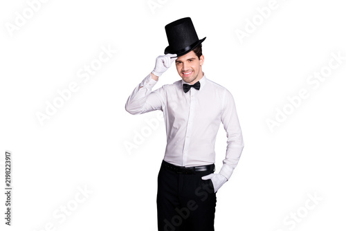 Foto Portrait of cool attractive wizard man ready perform circus stage touch cylinder
