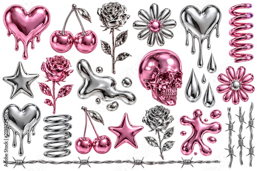 Collection of Y2K Metallic Chrome Stickers and Cyberpunk Icons for Trendy Graphic Design