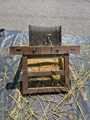 фотографія Traditional Rice Threshing Tool During Harvest in South Korea