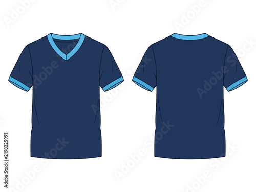 Dark blue v-neck t-shirt with light blue trim front and back t shirt template