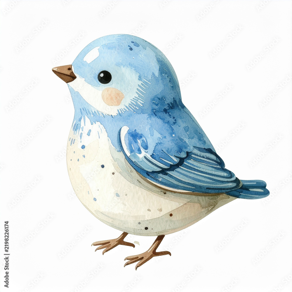 Obraz premium Watercolor painting of small bird, soft blue and cream tones, isolated on white background.