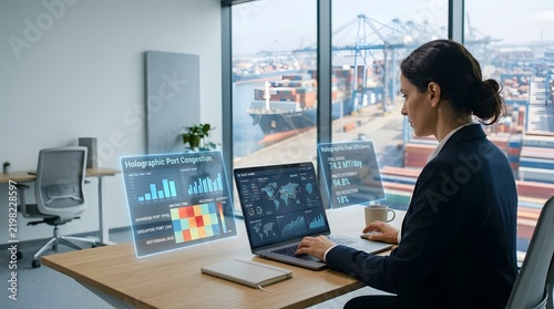 Professional manager monitoring port logistics using holographic interface