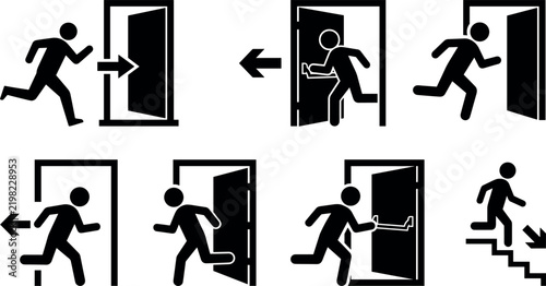 Set of emergency exit signs with running people and open doors