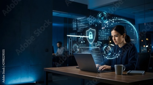 Woman working on laptop with glowing cyber security shield interface