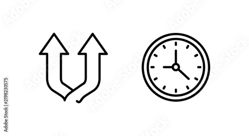 Set of minimalist linear icons representing simultaneous arrows and a circular clock face with simultaneous minimalist abstract collection business planning management schedule