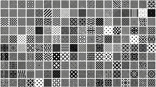 Collection of various black and white seamless geometric patterns in a grid layout.