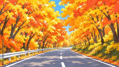 Obraz na płótnie 鮮やかな紅葉の木々が両側に続く美しいドライブロードの秋の風景イラスト