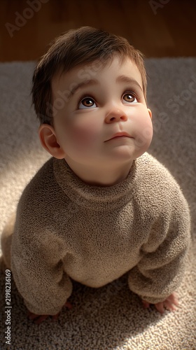 Innocent Gaze: A baby in a cozy sweater looks up with wide, curious eyes, bathed in soft, warm light, embodying purity and wonder.