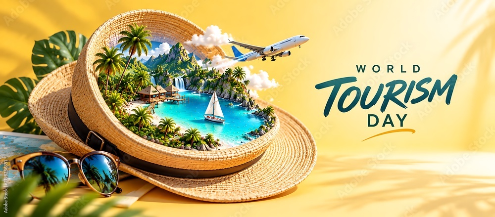 Obraz premium Conceptual world tourism day design with a miniature tropical paradise inside a sun hat vacation tropical paradise sunglasses miniature adventure