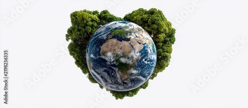 Earth Heart Symbol: A vibrant depiction of planet Earth cradled within a heart-shaped frame made of lush green foliage, symbolizing love for our environment and the planet's well-being.