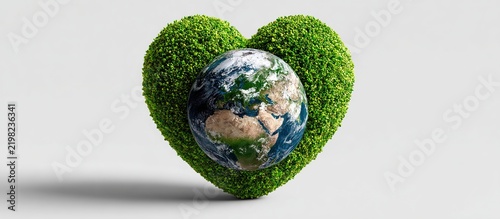Heart of Green Earth: A symbolic heart shape formed from lush green grass cradles the Earth, representing environmental protection and love for our planet.