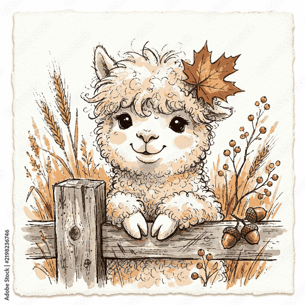 Fototapeta premium A whimsical watercolor sketch of a cute fluffy alpaca leaning on a rustic wooden fence in autumn with surrounded wheat acorns