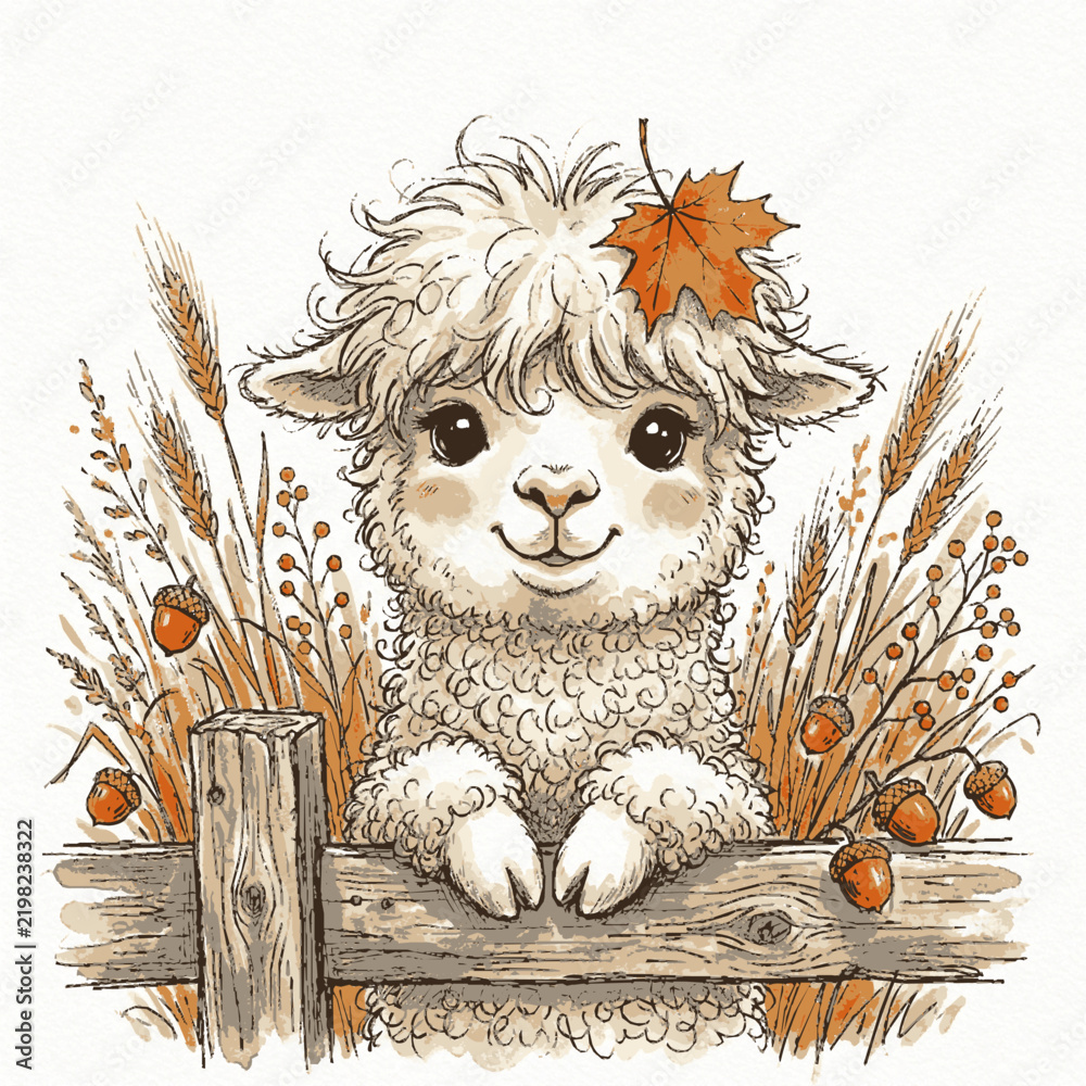 Fototapeta premium A cute white alpaca sketch with a maple leaf resting on its head by a fence with whimsical watercolor illustration wooden fence surrounded