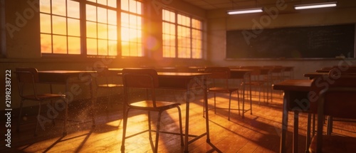 Empty classroom with desks and blackboard bathed in warm golden sunset light