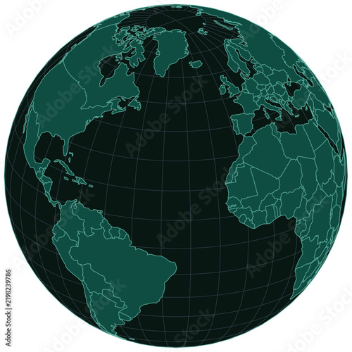 Atlas Atlantic Midnight Emerald Editable Projection Atlas World Map with editable country borders with graticule lines on a geographic projection in Grayscale Tones for Sophisticated Clean Wall Art
