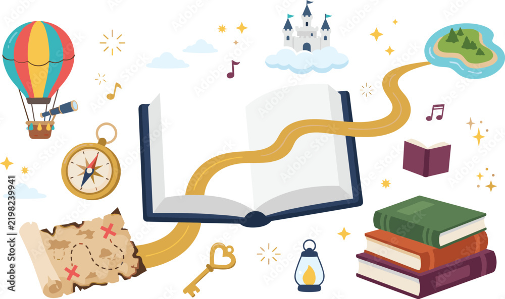 Obraz premium Fantasy Adventure Storybook Vector Illustration Featuring Open Book Treasure Map Hot Air Balloon Castle Compass Key and Island Pathway Graphics